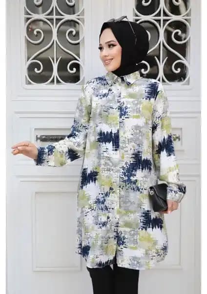 Neva Style Desenli Yağ Yeşil Tesettür Tunik: Şıklık ve Konfor Sunan Modern Tasarım