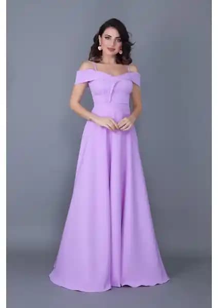 No48 Kayık Yaka Düşük Omuz Detaylı Maxi Boy Lila Abiye Elbise Özellikleri ve Kullanım Alanları