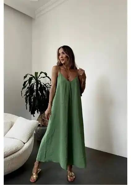 Orzuqlife Aerobin Kumaş Askılı Uzun Yeşil Elbise Günlük ve Yaz Şıklığı İçin Uygun