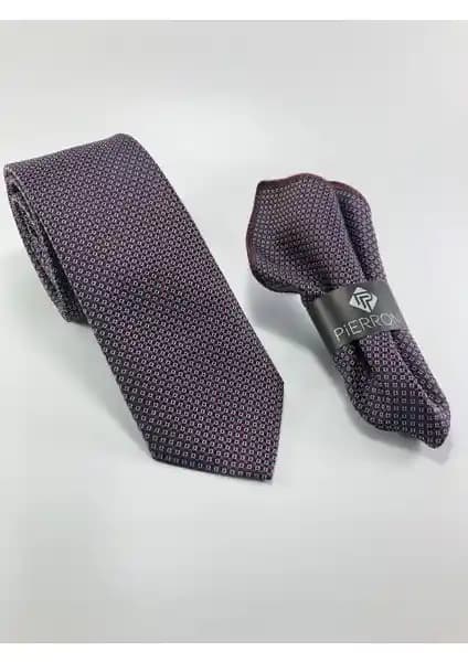 Pierroni Bordo Beyaz Nokta Desen Mendilli Erkek Kravatı Şık ve Modern Tasarım