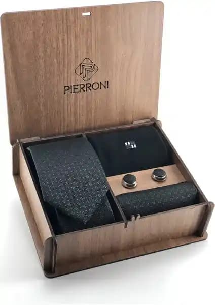 Pierroni Siyah Mikro Desenli Erkek Aksesuar Seti Şıklık ve Konfor Sunar