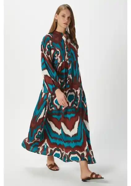 Ritnice Mira Kadın Modest Yazlık Maxi Elbise Hakiturkuaz ve Kahve Tonları