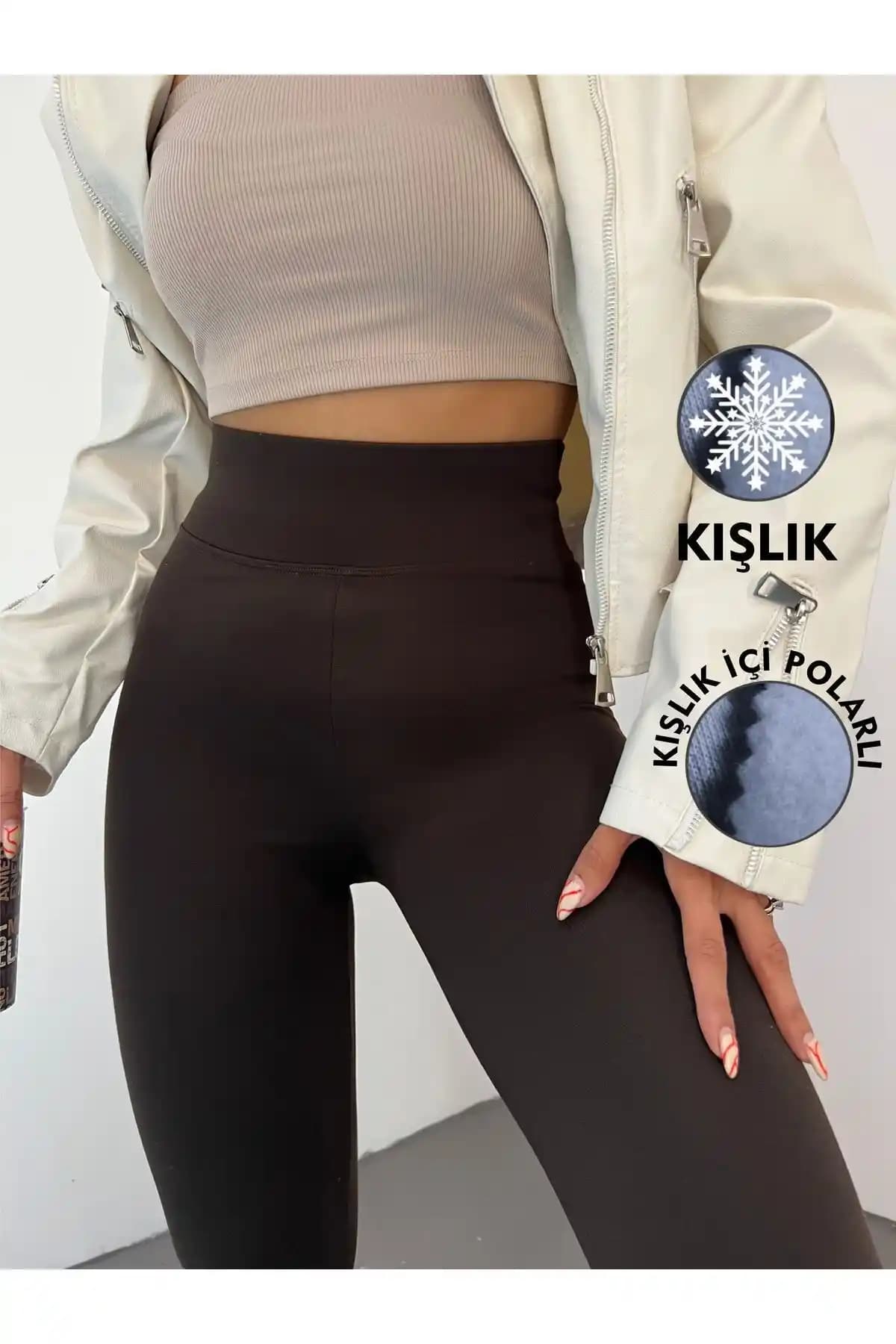 RuyaMood Kadın Kahverengi Kışlık Polarlı Yüksek Bel Toparlayıcı Korseli Tayt