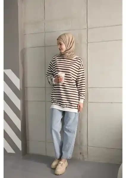 SEVENLINE İki İplikli Tesettür Tunik Çizgili Sweatshirt Günlük Şıklık ve Konfor Sunar