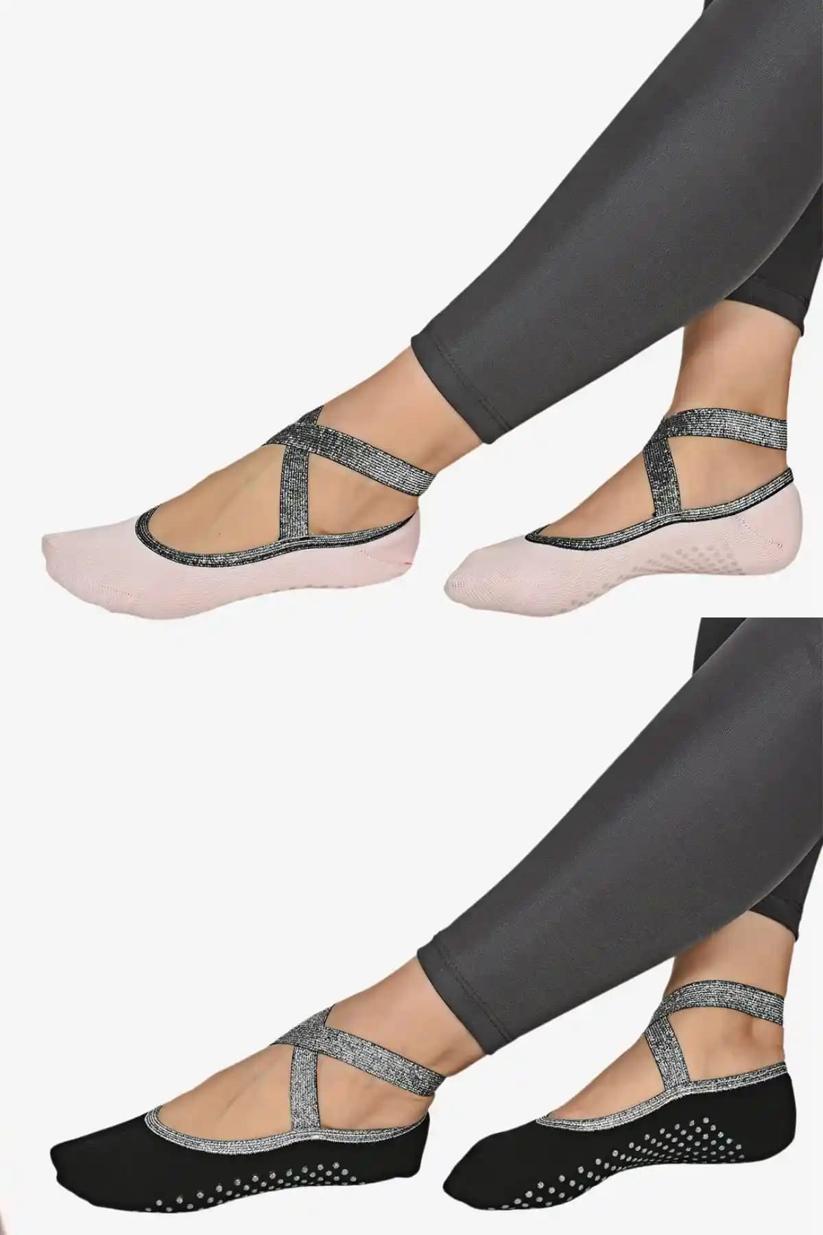 Steppe Berry 2 Çift Pilates Yoga Bale Dans Çorabı Siyah ve Pembe Renk Seçenekleriyle