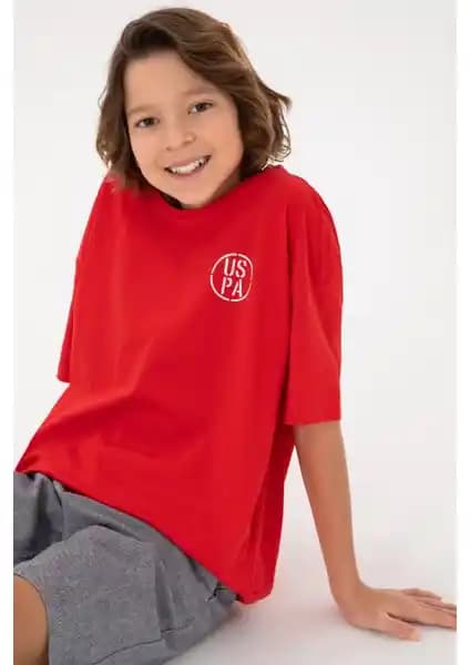 U.S. Polo Assn. Erkek Çocuk Kırmızı Oversize Bisiklet Yaka Tişörtü Günlük ve Spor Kullanımına Uygun