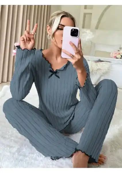 Bella Notte Indigo Pamuklu Kadın Pijama Takımı Şık ve Konforlu Tasarım Özellikleri