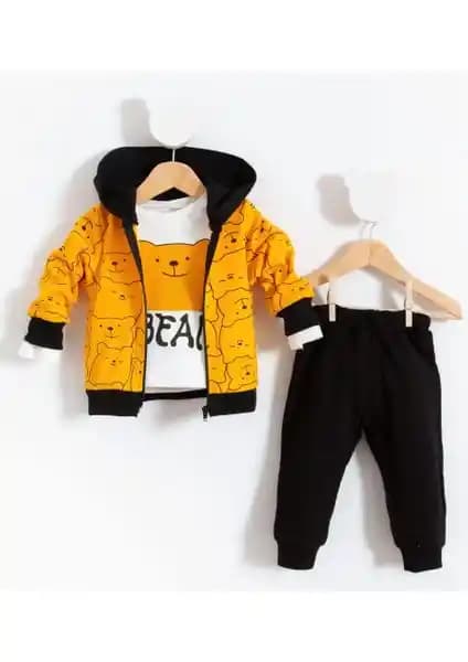 Bubito Hello Ayılar Desenli 3'lü Bebek Takım Hardal Renkli Konfor ve Şıklık Sunar