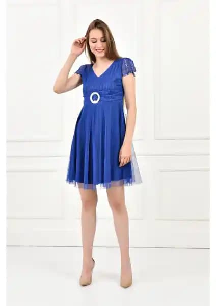 Ceylen Ön Arka V Yaka Kolu Güpürlü Beli Tokalı Kısa Abiye Elbise Modelleri