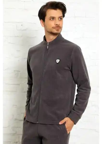Erkekler İçin Sıcak ve Şık Polar Pijama Takımı Gri Renkli Fermuarlı Tasarım