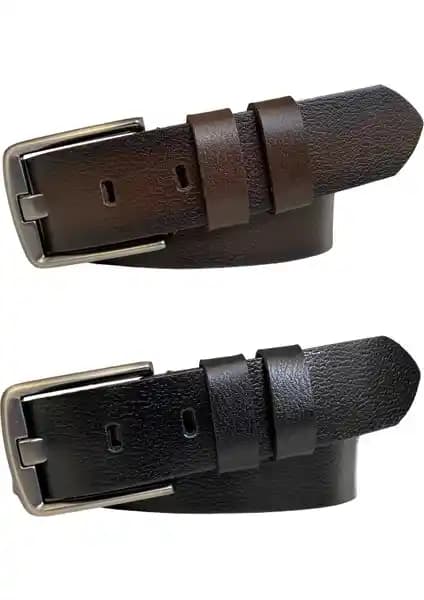 GoDeri Deri Erkekler İçin Şık ve Dayanıklı Füme Geniş Kemer Seti 2'li