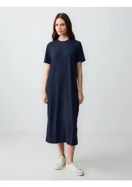 Jimmy Key Lacivert Düz Kesim Bisiklet Yaka Kısa Kollu Örme Elbise Kadınlar İçin Günlük ve Şık Kullanım