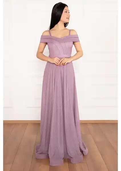 Kalopya Jessia 13278 Askılı Simli Tül Uzun Elbise - Şık ve Zarif Gece Kıyafeti