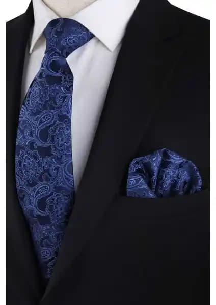 Kravatkolik Lacivert Şal Desenli Mendilli Klasik Kravat ve Aksesuar Seti