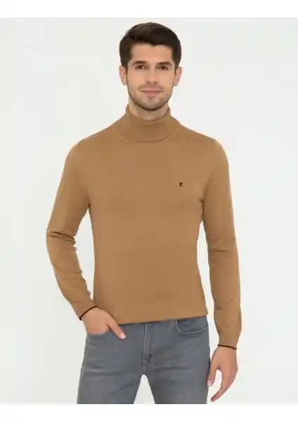 Pierre Cardin Erkek Camel Melanj Slim Fit Balıkçı Yaka Kazak Modern ve Şık Tasarım