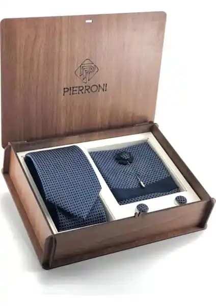 Pierroni Lacivert Kravat 4'lü Set Ahşap Kutulu Şık ve Kaliteli Erkek Aksesuarları