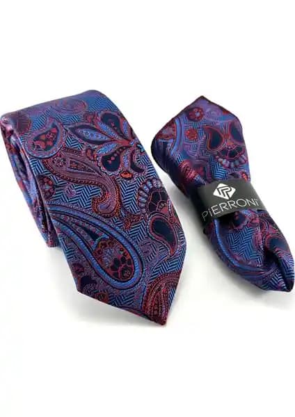 Pierroni Mavi Kırmızı Şal Desenli Mendilli Kravat Erkekler İçin Şıklık ve Zarafet Sağlayan Aksesuar