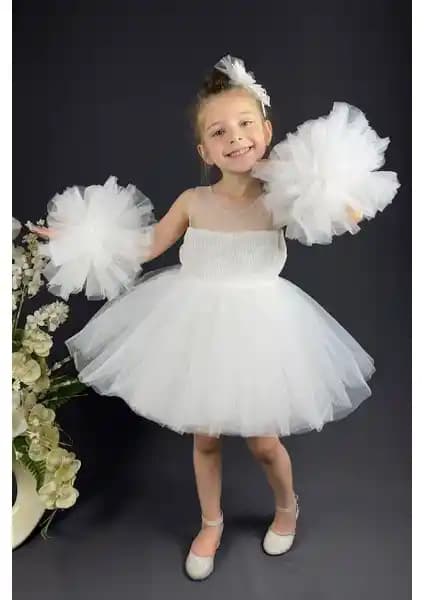 Abiye Kids Beyaz Pullu Kol Detaylı Çocuk Abiyesi - Şık ve Rahat Tasarım