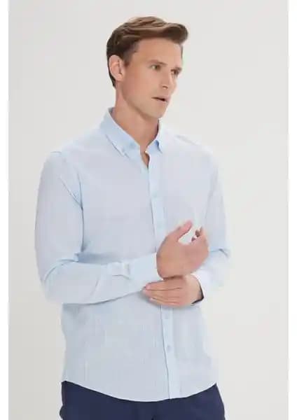 Altınyılz Classics Erkek Açık Mavi Slim Fit Keten Görünümlü Pamuk Gömlek 75-90 Karakter