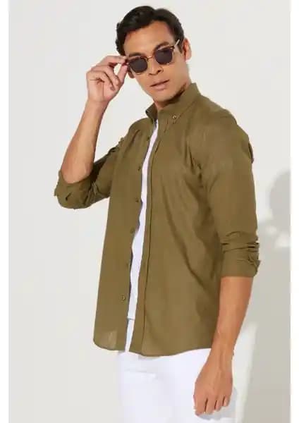 Altınyılz Classics Erkek Slim Fit Keten Görünümlü Düğmeli Yaka Gömlek 100% Pamuk