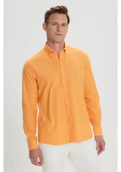 Altınyılz Classics Erkek Turuncu Slim Fit Keten Görünümlü Pamuk Gömlek - Modern ve Rahat Tasarım