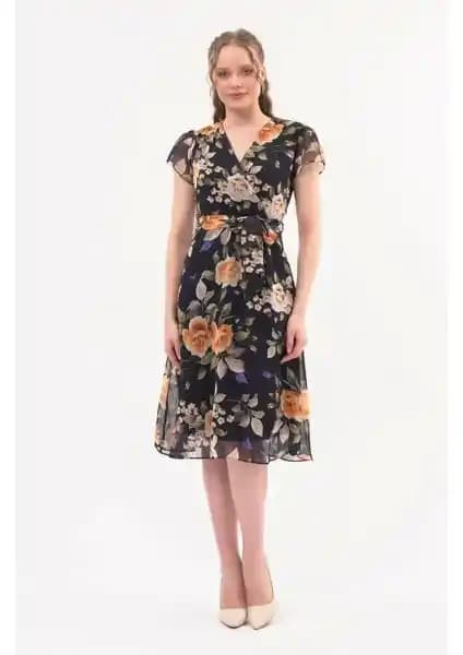 Apsen Kadın Hardal Renkli Kruvaze Yaka Midi Boy Şifon Elbise Detayları