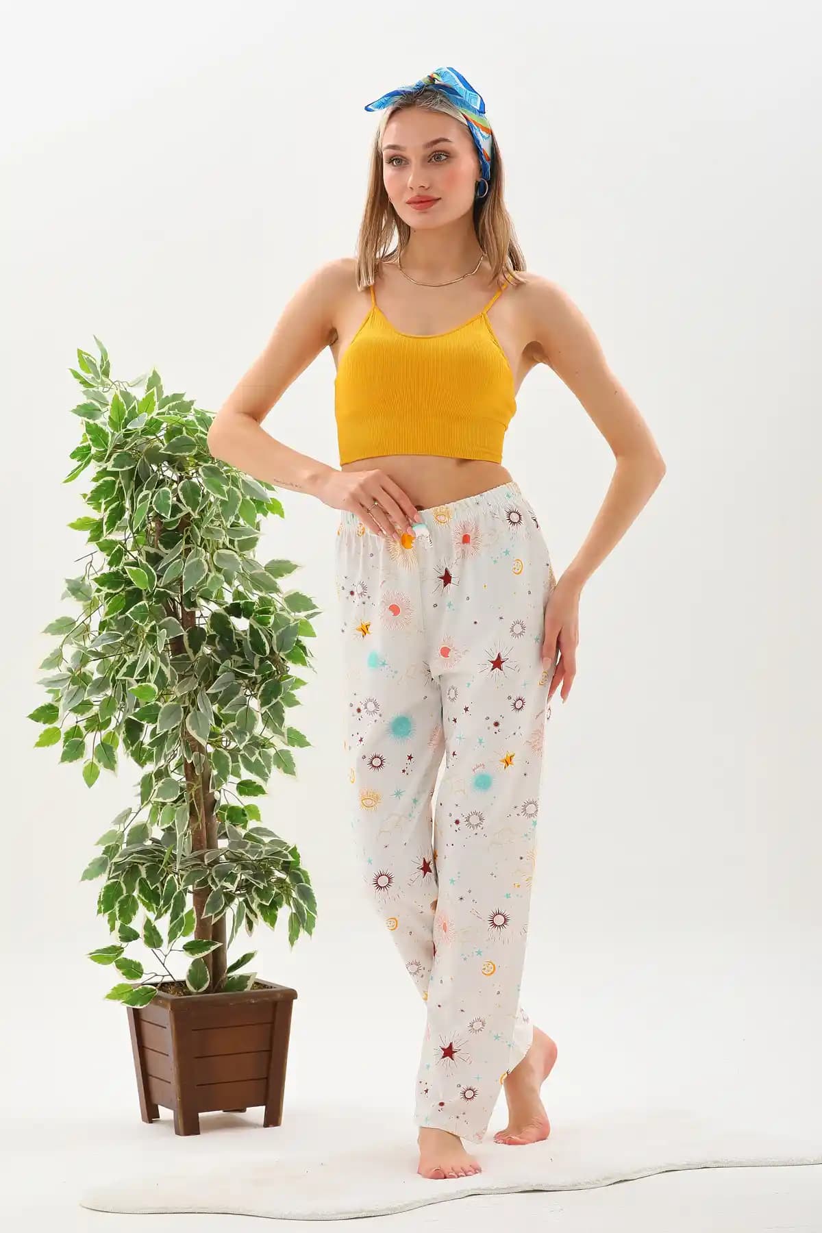 Arvin Kadın Pamuklu Güneş Baskılı Yüksek Bel Pijama Altı Konfor ve Şıklık Sunar