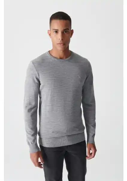 AVVA Erkek Gri Bisiklet Yaka Tüylenmeyen Triko Kazak Günlük ve Mevsimlik Kullanım İçin