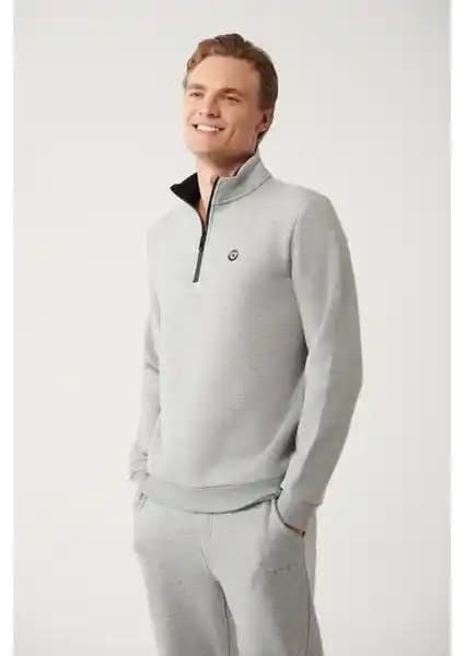 AVVA Erkek Gri Dik Yaka Fermuarlı 3 İplik Şardonlu Sweatshirt Günlük ve Spor Kullanımına Uygun
