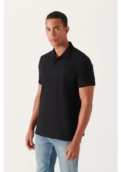 AVVA Erkek Siyah 3 Düğmeli Polo Yaka T-Shirt Günlük ve Spor Kullanımına Uygun