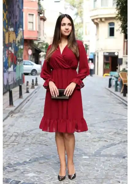 Avver Kadın Bordo Astarlı Kruvaze Şifon Elbise Günlük ve Ofis Şıklığı İçin Uygun