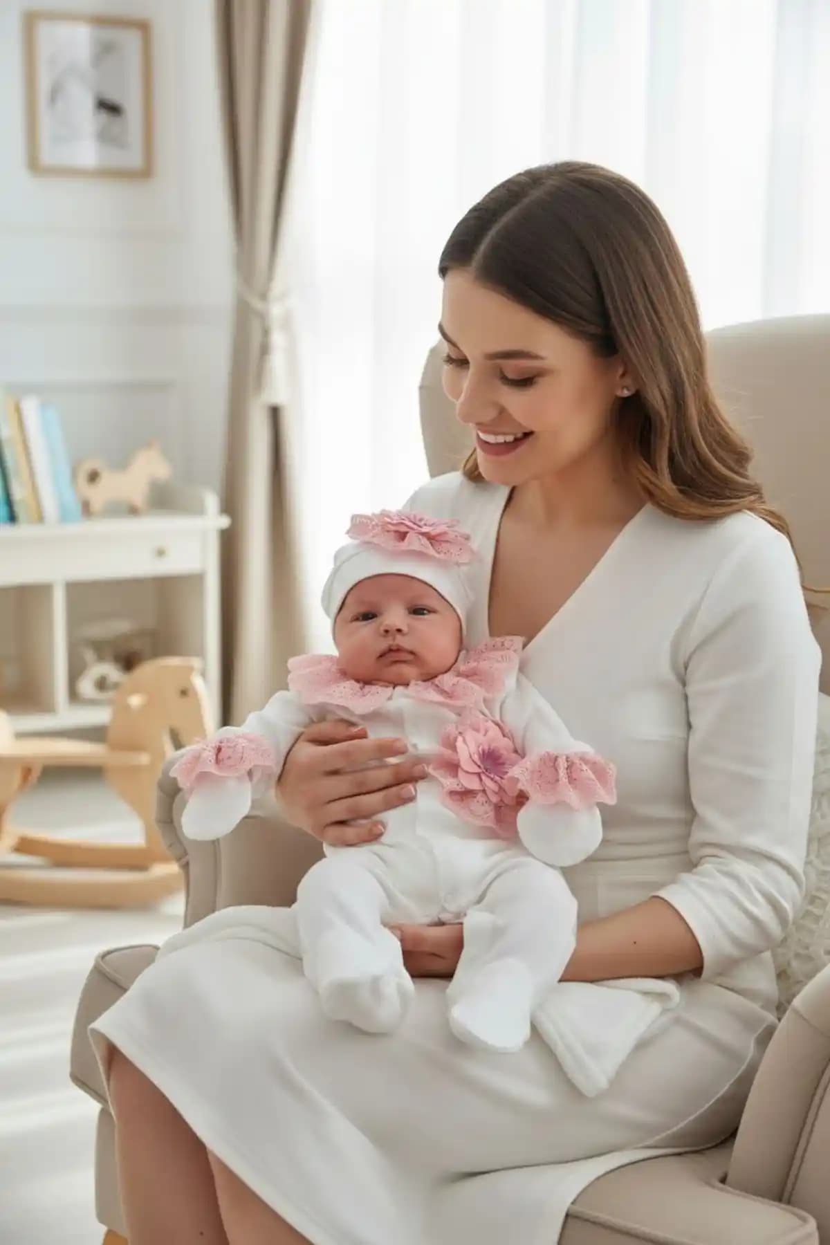 Bebekler İçin Organik Pamuklu Pudra Güpür Detaylı Tulum Seti ve Aksesuarlar