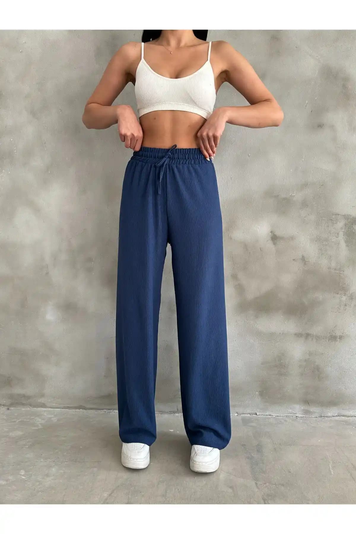 BEJNA Kadın Lacivert Beli Lastikli Palazzo Pantolon: Şık ve Konforlu Günlük Kullanım Parçası