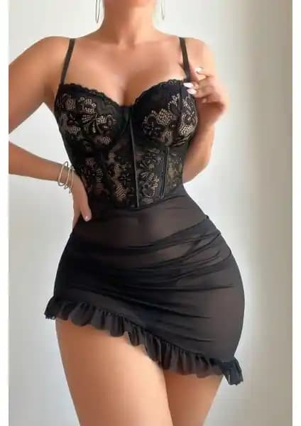 Bella Notte Siyah Balen Telli Fırfırlı Tanga ve Gecelik Seti Şıklık ve Konfor Sunar