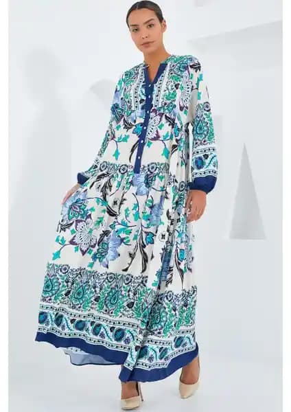 Bigdart Kadın Lacivert Yeşil Viskon Tesettür Elbise 2423 Şık ve Rahat Günlük ve Davet Kullanımı İçin