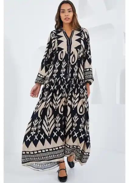 Bigdart Kadın Siyah Ekru Viskon Tesettür Elbise 2423 Şıklık ve Rahatlık Sunan Modern Tasarım