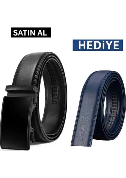 Bosskan Otomatik Tokalı Deliksiz Siyah Erkek Kemer ve Yedek Lacivert Kemer Hediye