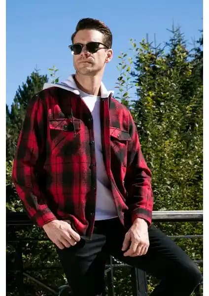 Buratti Ekoseli Çift Cepli Kapüşonlu Erkek Gömlek Günlük ve Kış Kullanımı İçin