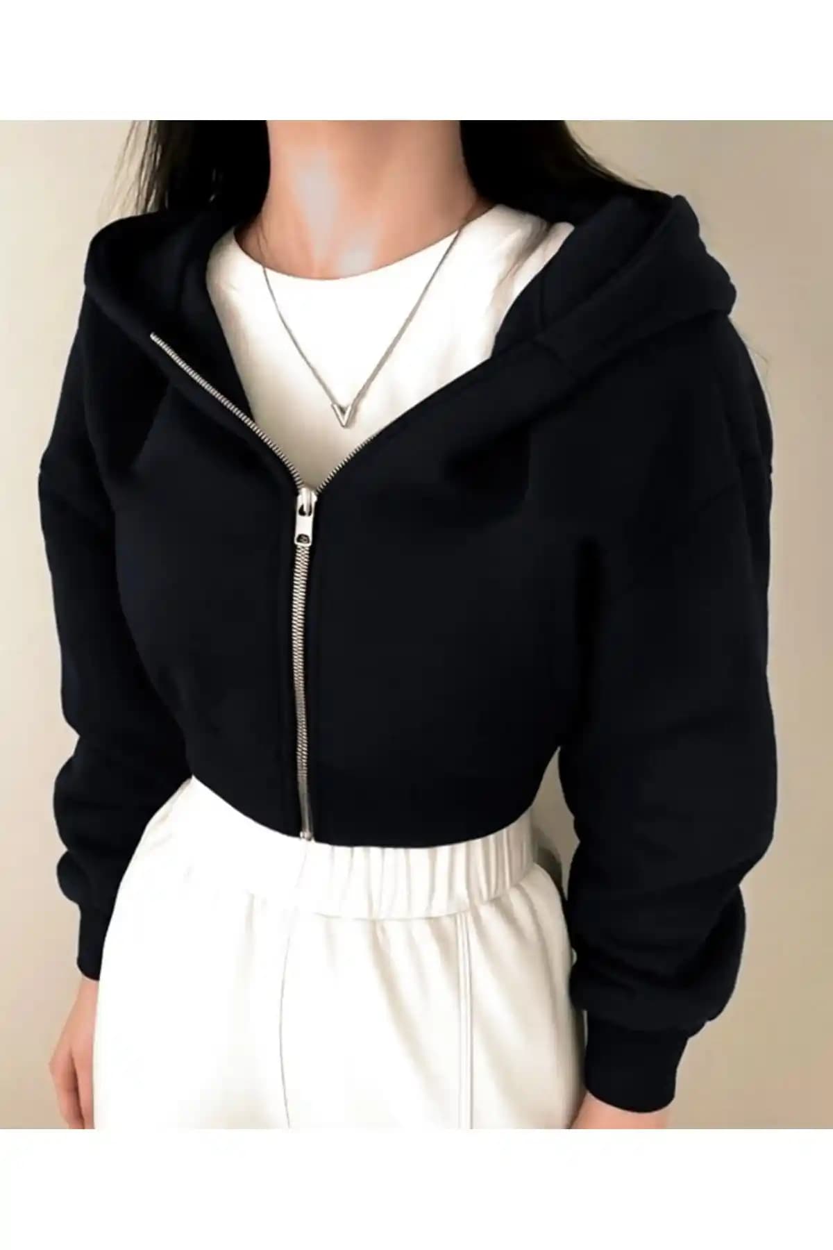 BYMEER Siyah Fermuarlı Kapüşonlu Crop Sweatshirt Kadınlar İçin Günlük Şıklık ve Konfor Sağlar