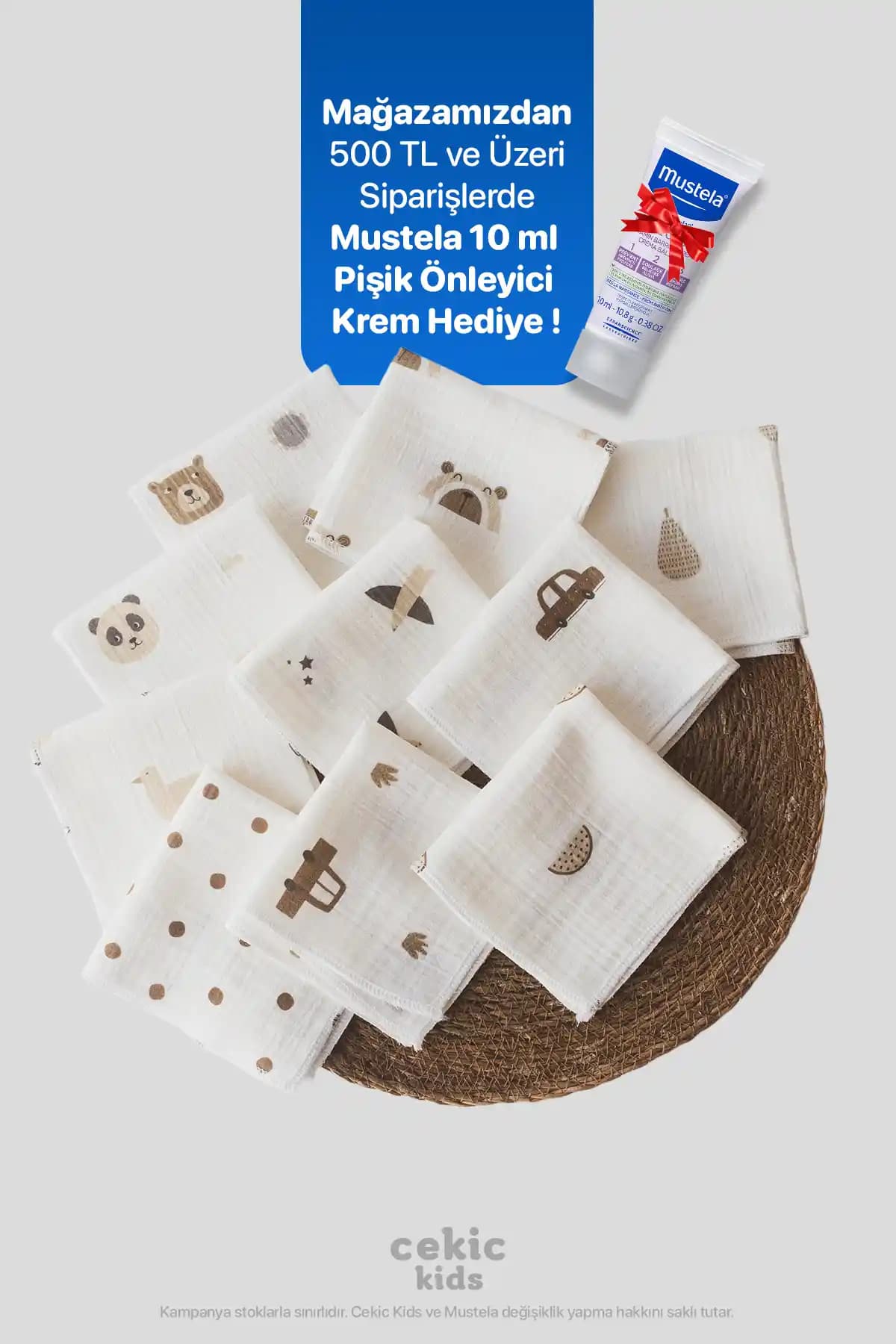 Cekic Kids 10'lu Desenli Müslin Bebek Ağız Mendili Doğal ve Güvenli Bebek Bakımı İçin