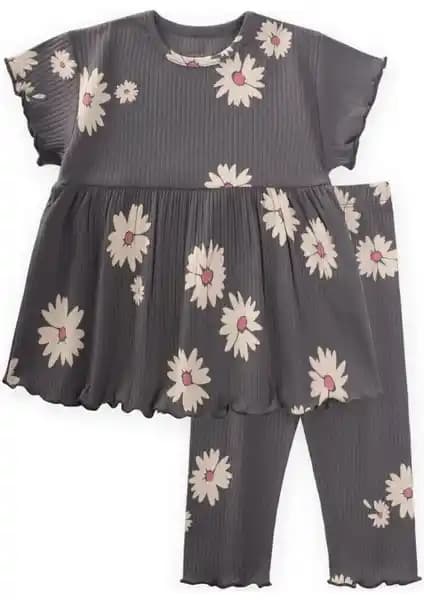 Cigit Desenli Fitilli Tunik Takım 1-8 Yaş Gri Çocuklar İçin Rahat ve Şık Yazlık Kıyafet