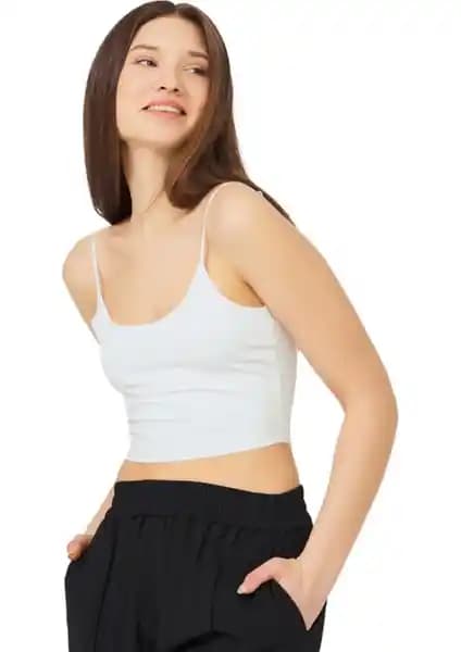 Cottonhill Kadın Krem Rengi Ayarlanabilir İnce Askılı Lazer Kesim Crop Büstiyer