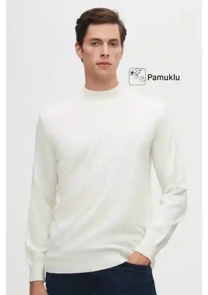 D'S Damat Regular Fit Ekru Pamuk Karışımlı Yarım Balıkçı Triko Kazak İnce ve Şık Tasarım