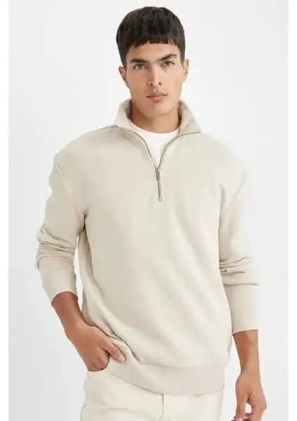 DeFacto Comfort Regular Fit Fermuarlı Dik Yaka Sweatshirt Günlük ve Spor Şıklığı