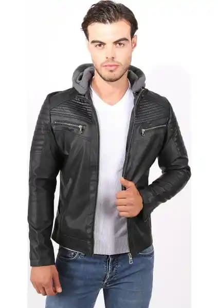 Delpino Dar Kesim Kapüşonlu Deri Ceket Erkekler İçin Modern ve Şık Tasarım