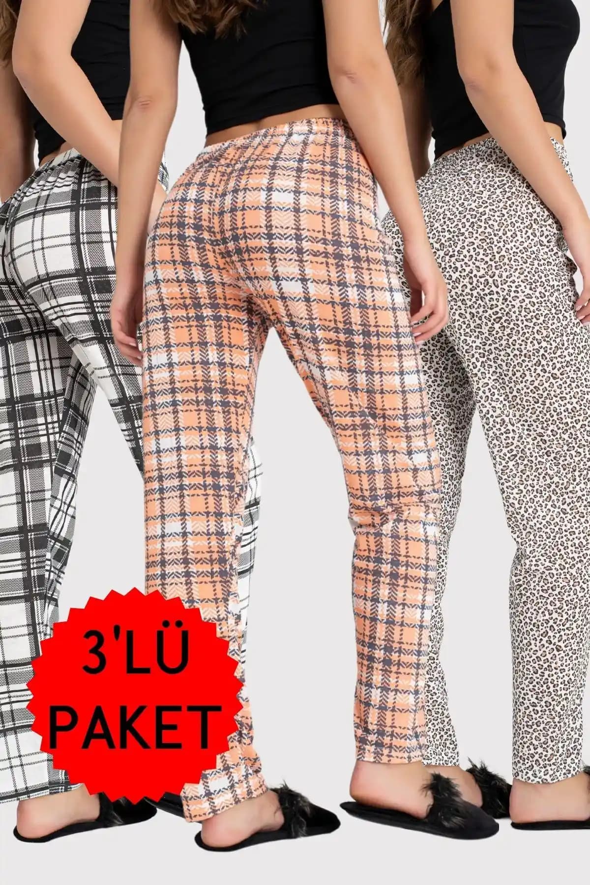 Donex 3'lü Pamuklu Nefes Alan Kadın Pijama Altı, Bel Detaylı Baskılı ve Lastiksiz Tasarım