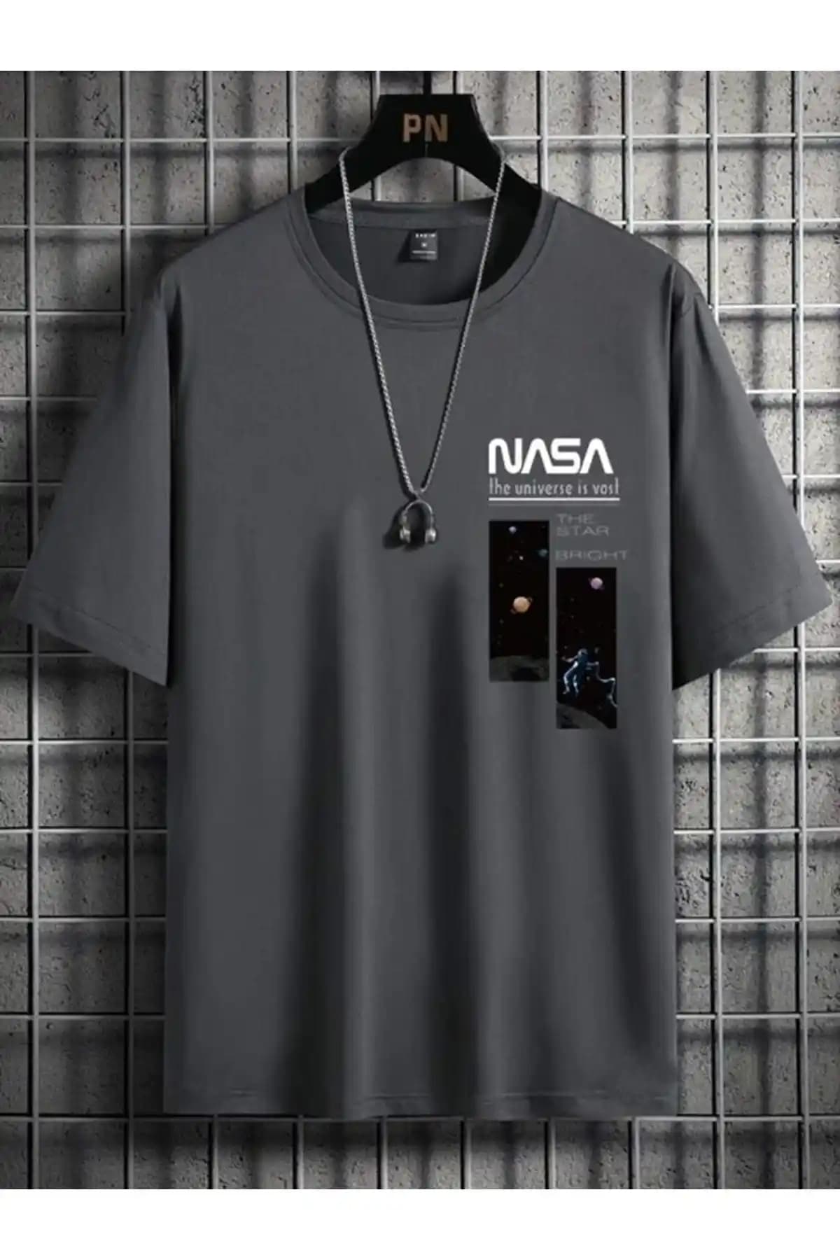 DUBU BUTİK Füme Oversize Nasa Baskılı T-shirt Günlük ve Spor Kullanımına Uygun