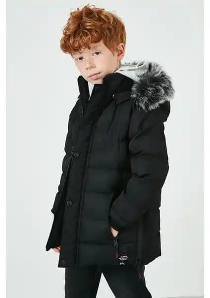Erkek Çocuklar İçin Suni Kürklü Peluş Astarlı Çıkarılabilir Kapüşonlu Kış Montu