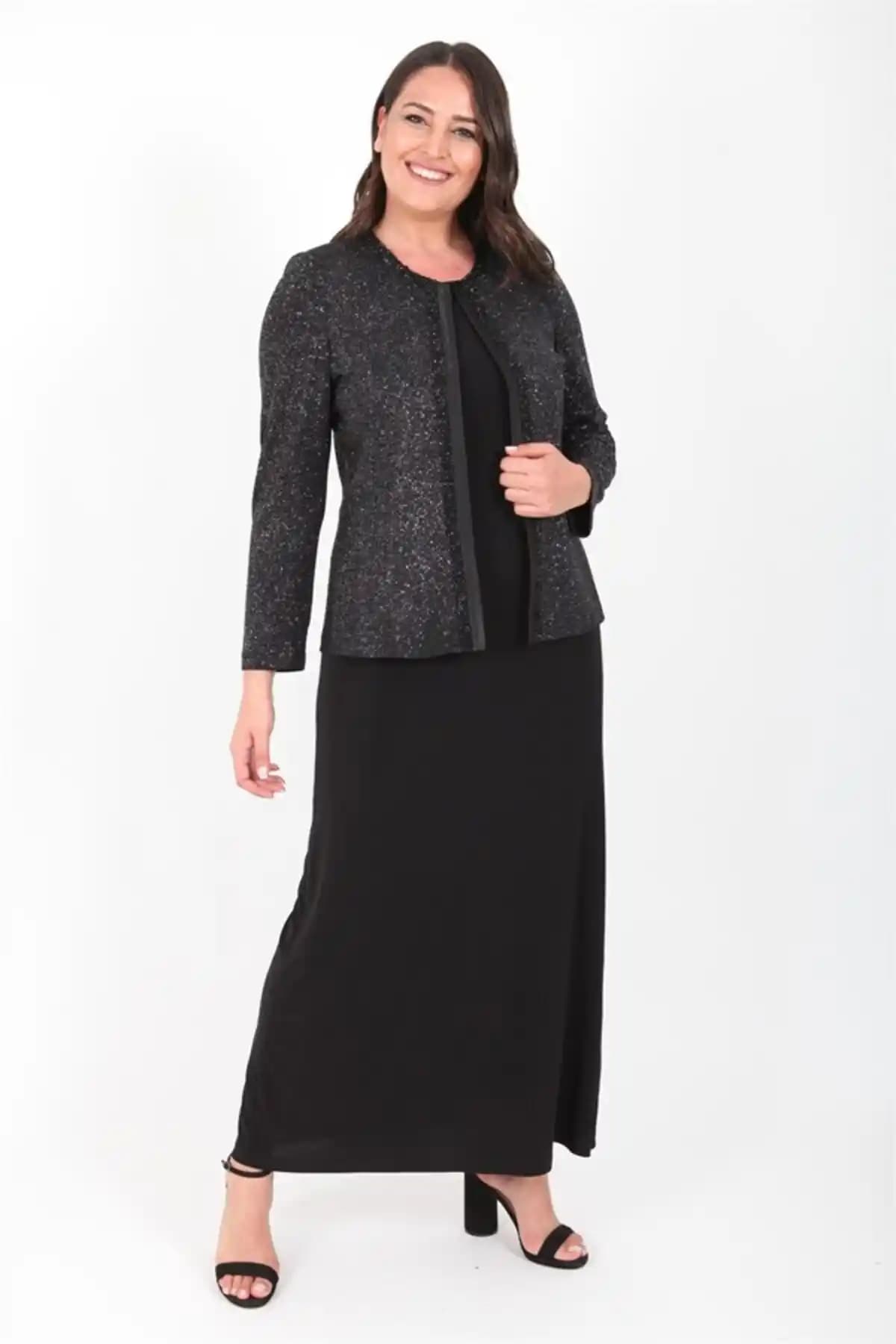 Genel Markalar Büyük Beden Siyah Gümüş Abiye Takım - Şık ve Rahat Gece Kıyafeti