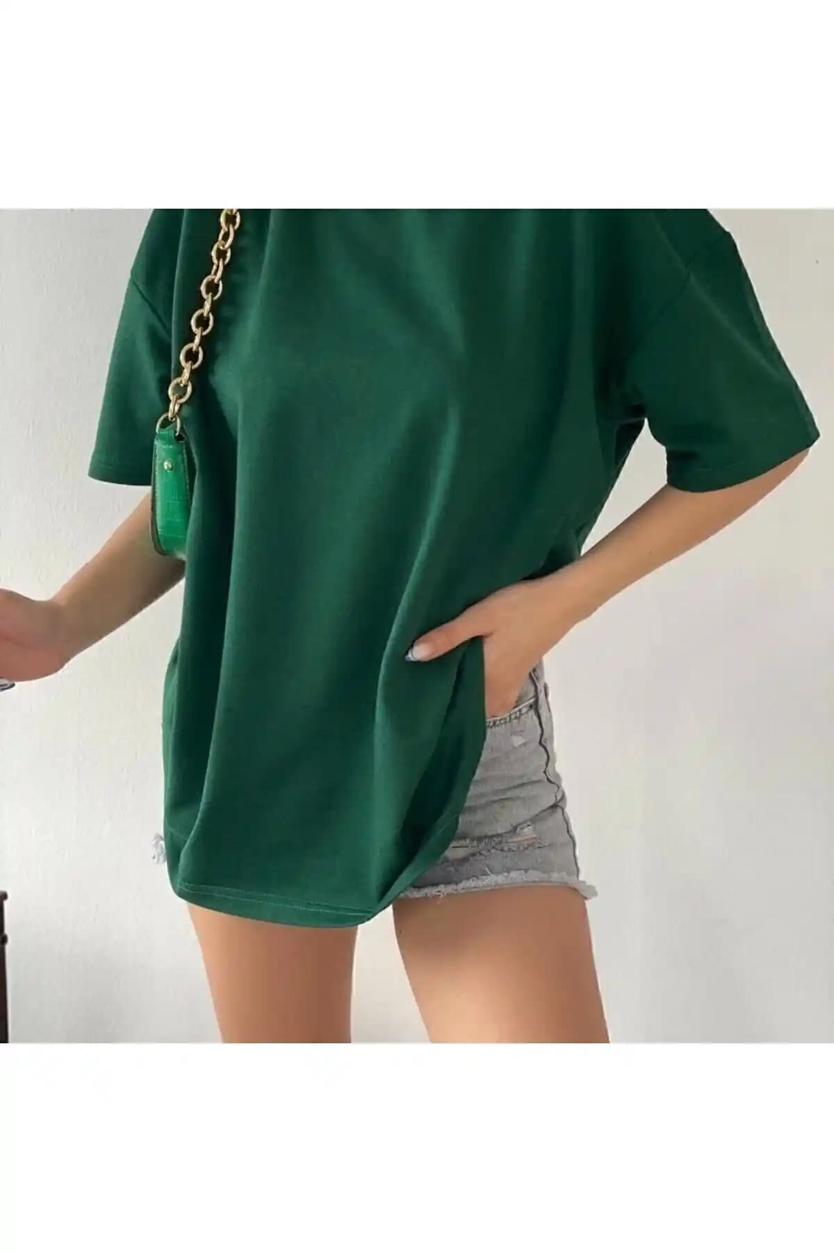 Genel Markalar Yeşil Pamuk Oversize Bisiklet Yaka Tişört Günlük Kullanım İçin Uygun